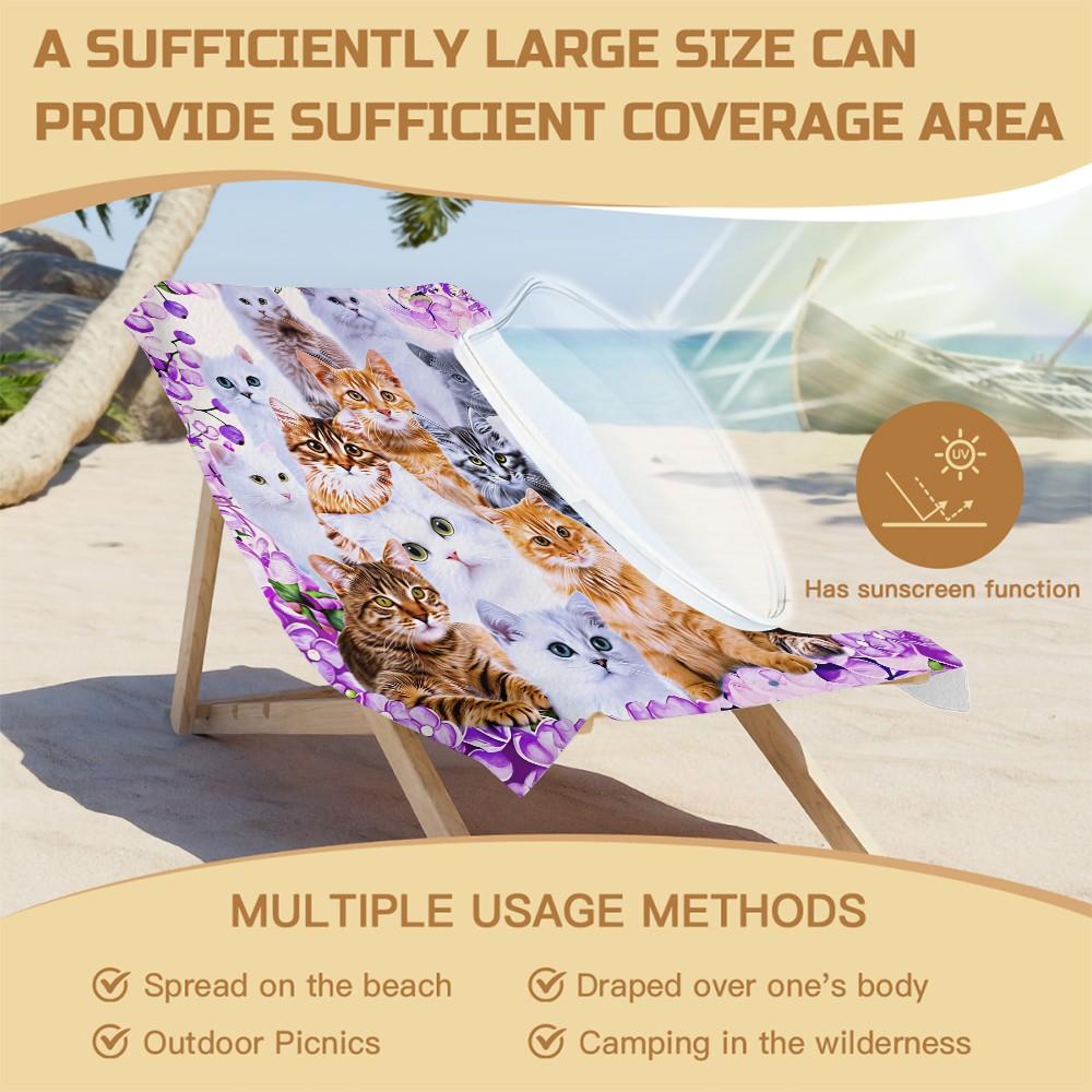 Purple Flower Cats Print Oversized Beach Towel, Soft Microfiber Bath Towel, Sand Free Large Beach Blanket for Summer Vacation, Family Travel Camping Cat Lover Accessory
