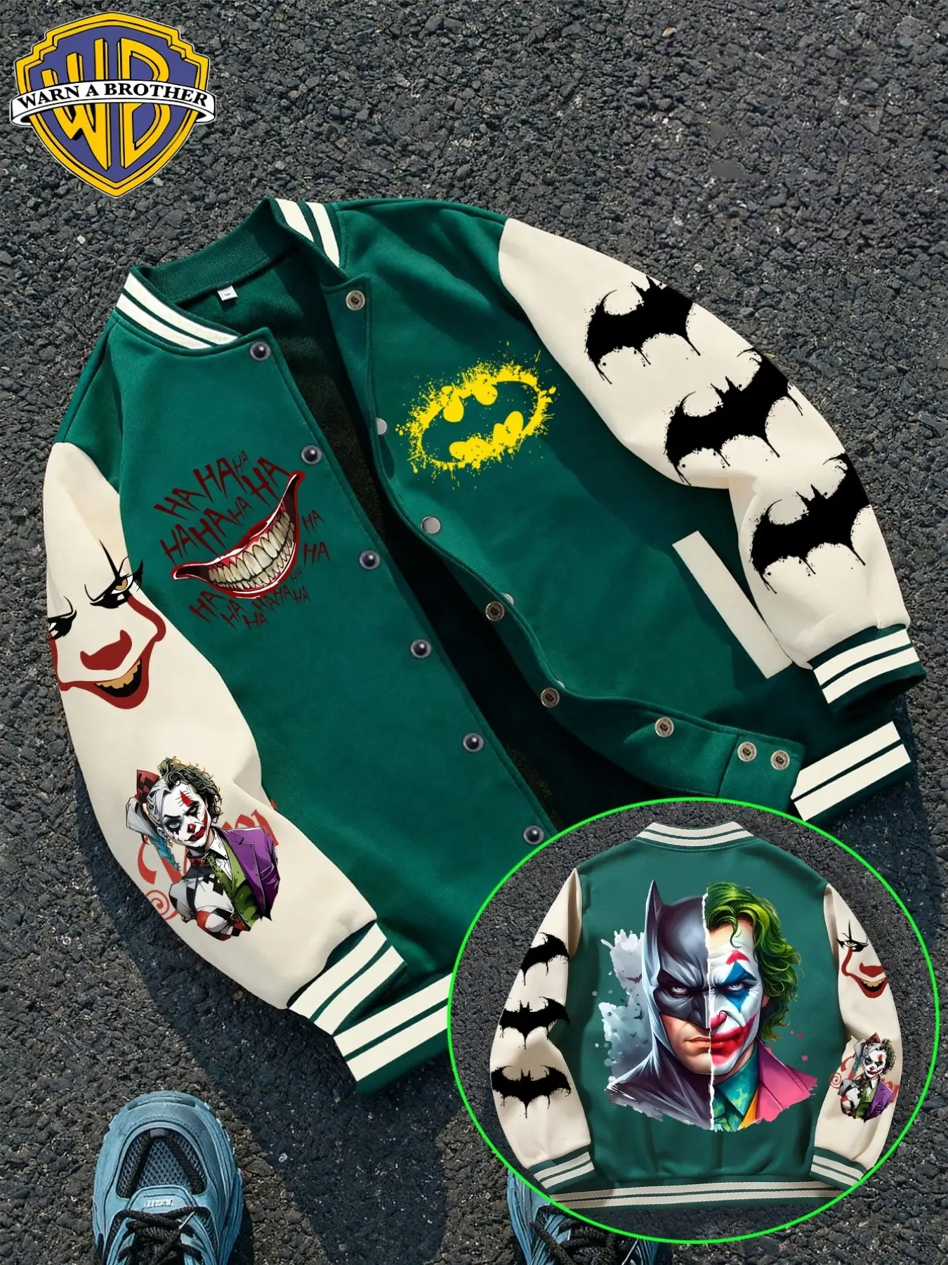 Wb Warner Bros. Men's Varsity Jacket, Batman & Joker Split Face Print, Casual Loose-Fit Bomber, Halloween Streetwear Coat