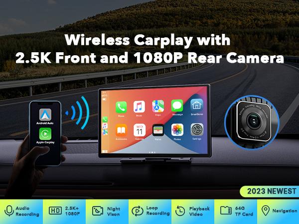【Valentines】LAMTTO Portable 9-Inch Wireless CarPlay Screen with Dashcam — 2.5K Front Camera and 1080p Rear Camera. Supports Apple CarPlay and GPS Navigation, Suitable for Monitoring Infants in the Car and Reversing Assistance