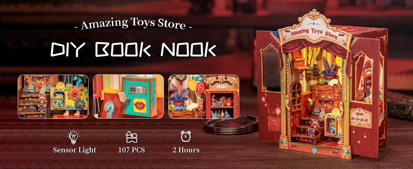 CUTEBEE DIY 3D Book Nook Kit Amazing Toys Store – Miniature Wooden Toy Shop Dollhouse, Handmade Tiny House Bookshelf Decor with LED Light | Holiday, Christmas and Black Friday Gift