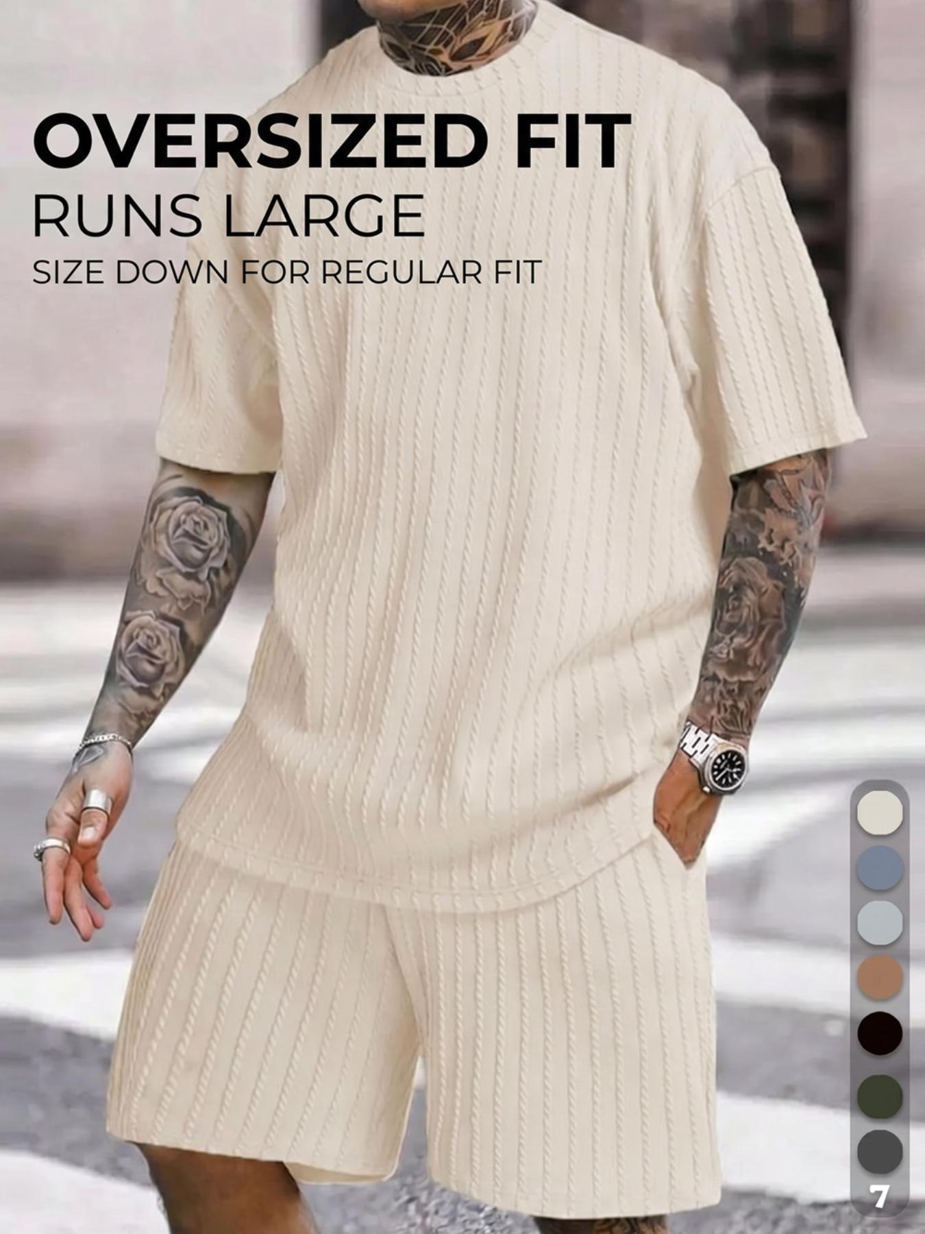 Men’s Loose Fit 2-Piece Summer Set, Oversized Textured Tee with Relaxed Fit Drawstring Shorts Men’s Loose Fit 2-Piece Summer Set, Oversized Textured Tee with Relaxed Fit Drawstring Shorts