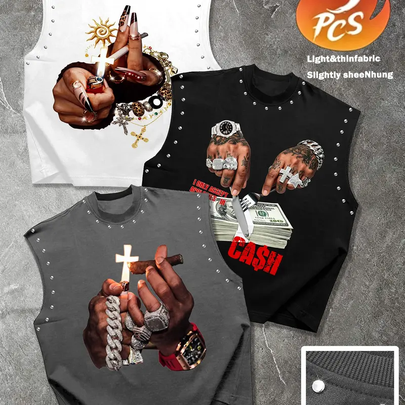 Men's Casual Aesthetic 3-Piece Tank Top Set, Sleeveless Summer Shirts, Unique Jewelry Tattoo Graphic Print, Slim Fit, All-Season Street Style Attire