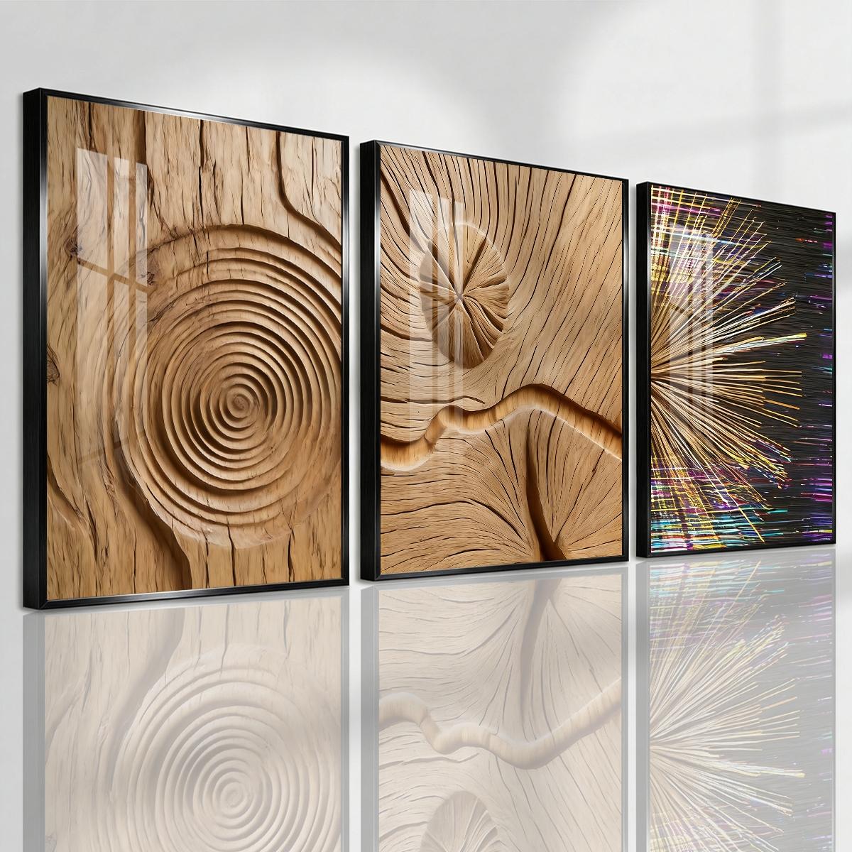 3 Counts Aluminum Alloy Framed Painting, Abstract Wood Texture And Light Burst Art, Home Decoration For Living Room, Bedroom, Office, Restaurant, Hallway Wall Decor, Odorless Print Artwork, Luxury Perfect Gift For Friends And Family