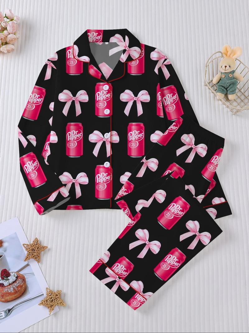 Dr Pepper Soda Bottle Bow Print Long Sleeve Pajama Set, Comfortable Fireproof Sleepwear, Loungewear, Fall Winter Home Wear, 2 Piece Set