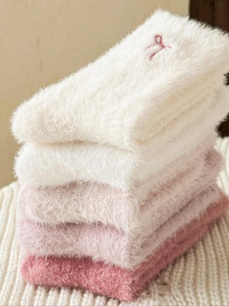 Women's Winter Socks Set, 5 Pairs Faux Fur Butterfly Knot Design, Cute Sweet Mid-Calf Sleepwear Warm Thickened Socks for Women