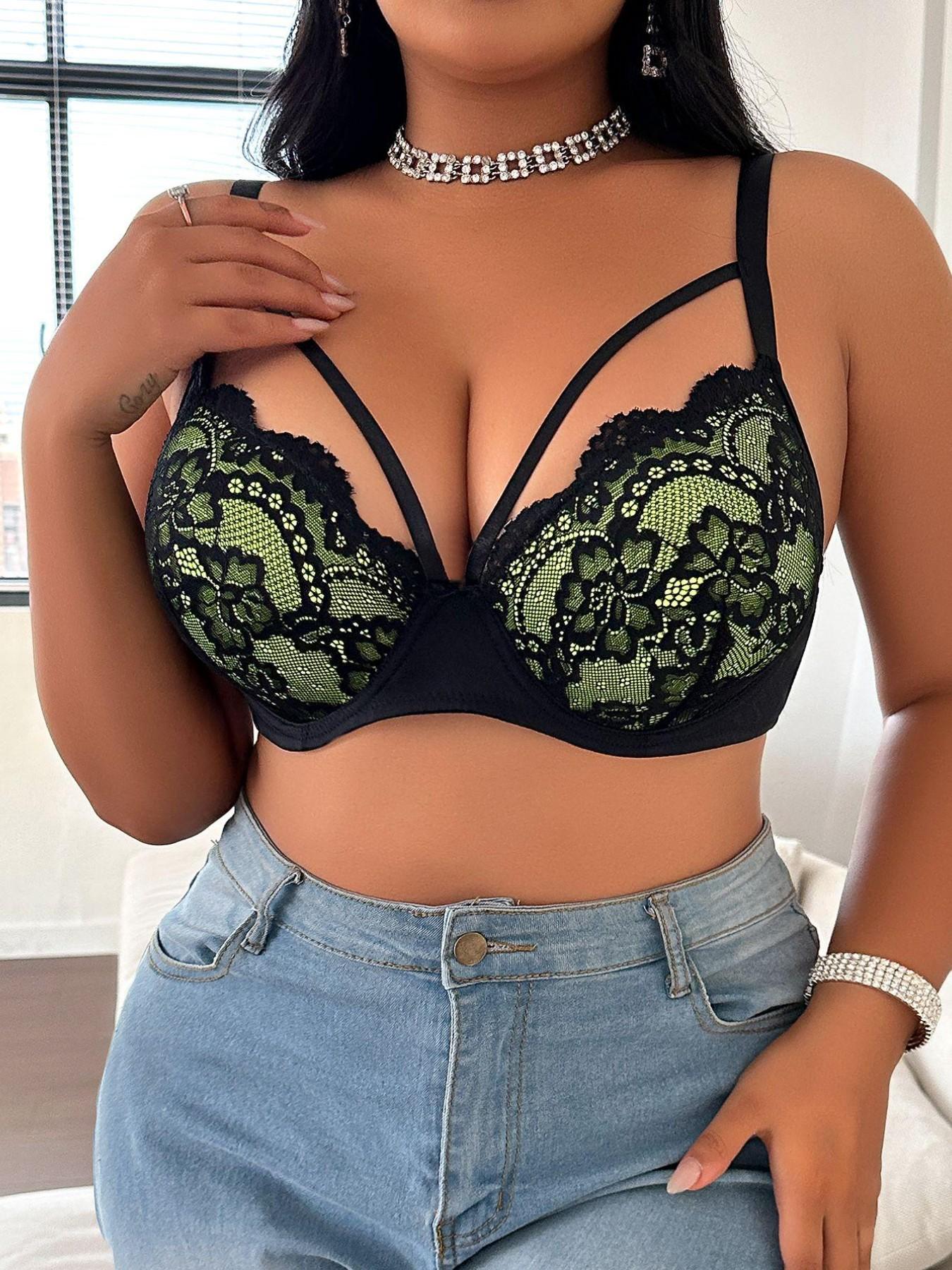 Best-Selling Plus-Size Women's Bra — Single Item: Green Contrast Lace Underwire Lingerie with Crossover Straps; Floral Lace Push-Up Bra Offering Lift and Support — Suitable for Daily Wear or Parties