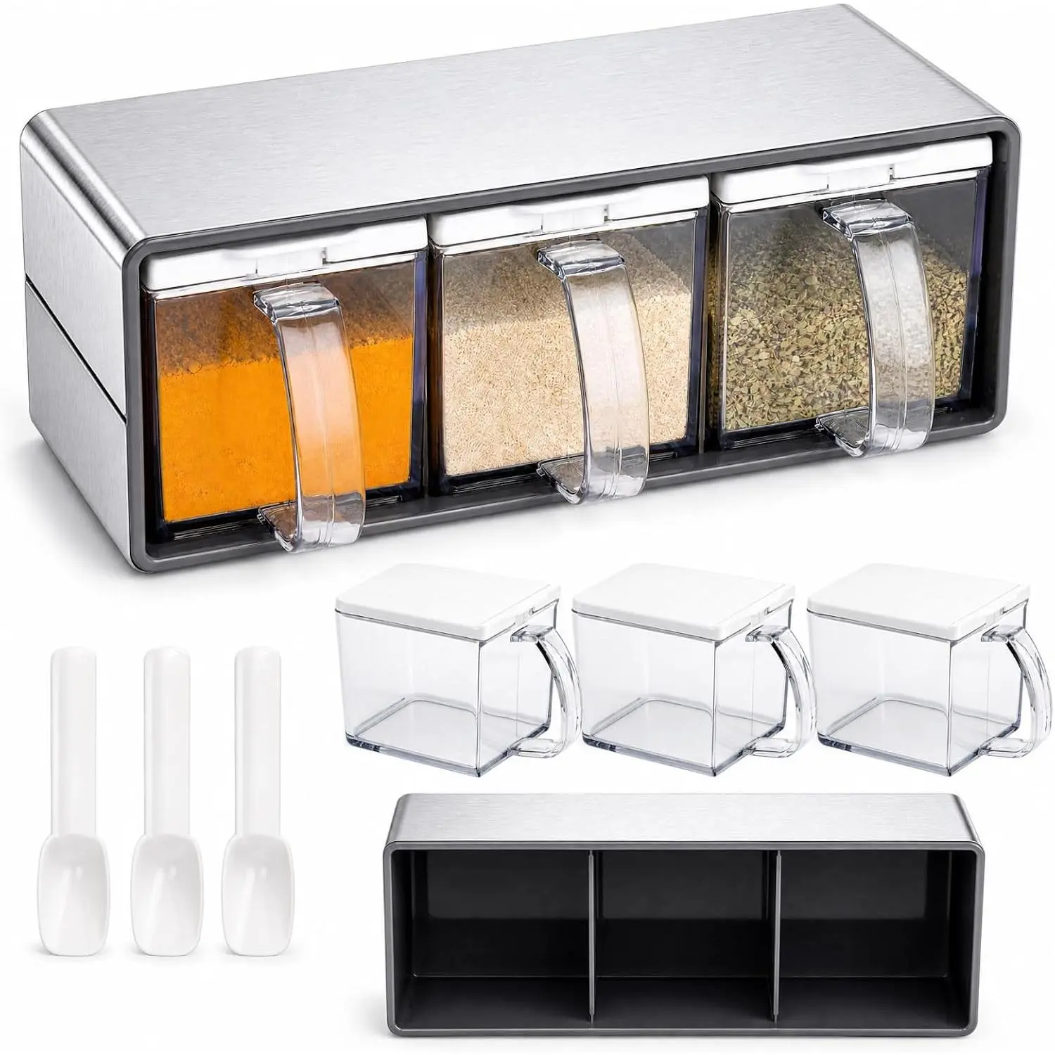 3-Grid Seasoning Box Set, Stainless Steel Rectangular Grid Organizer with Lid + Spoon and Rack for Home, Kitchen Storing Salt, Sugar, Pepper, Spice