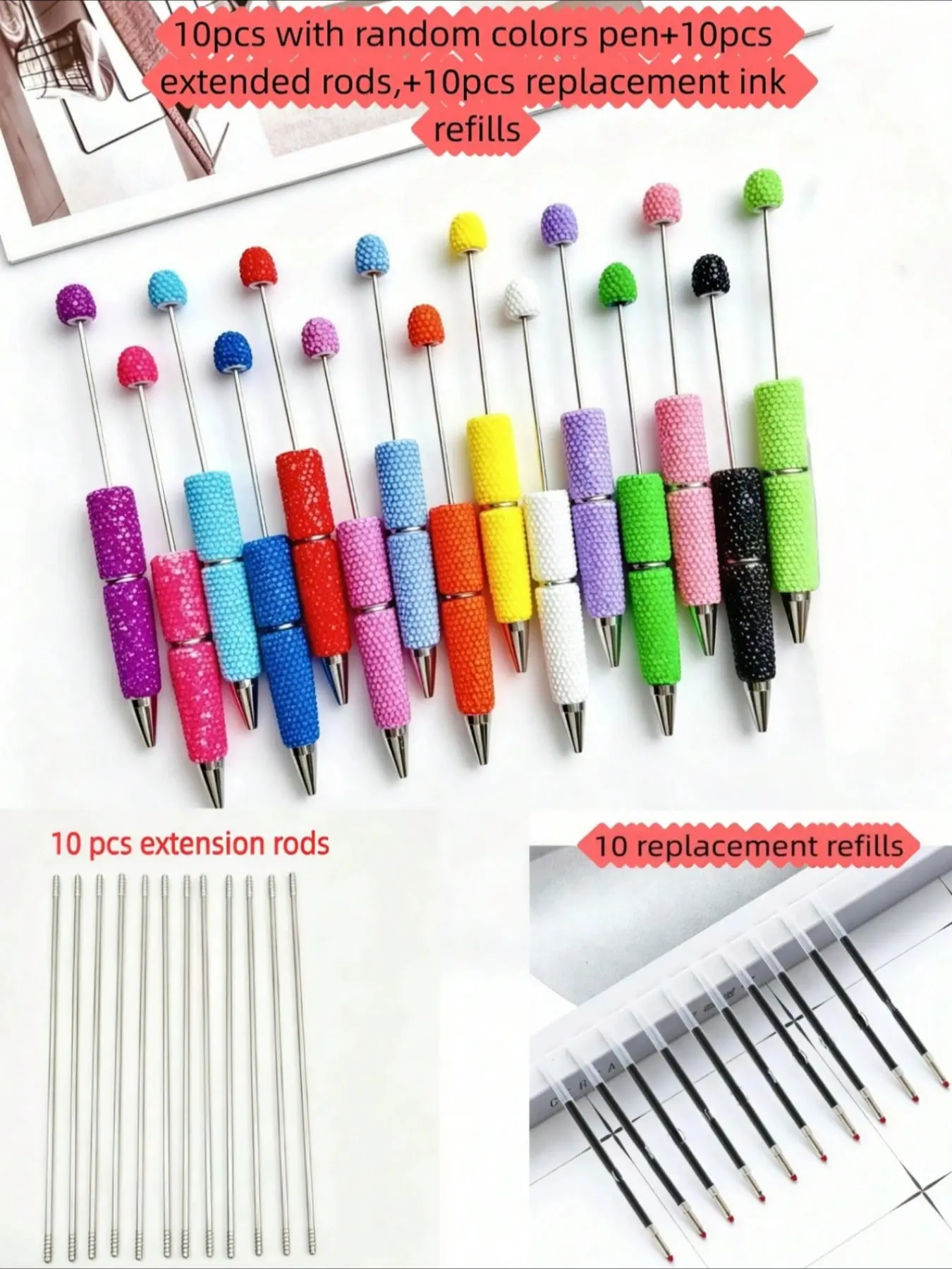 30 Pieces Candy-Colored Rhinestone DIY Jewelry Ballpoint Pens, 10 Extension Rods, Replacement Ink Refills, Aesthetic Stationery Gifts, Beaded Pens, Ballpoint Pen Kit