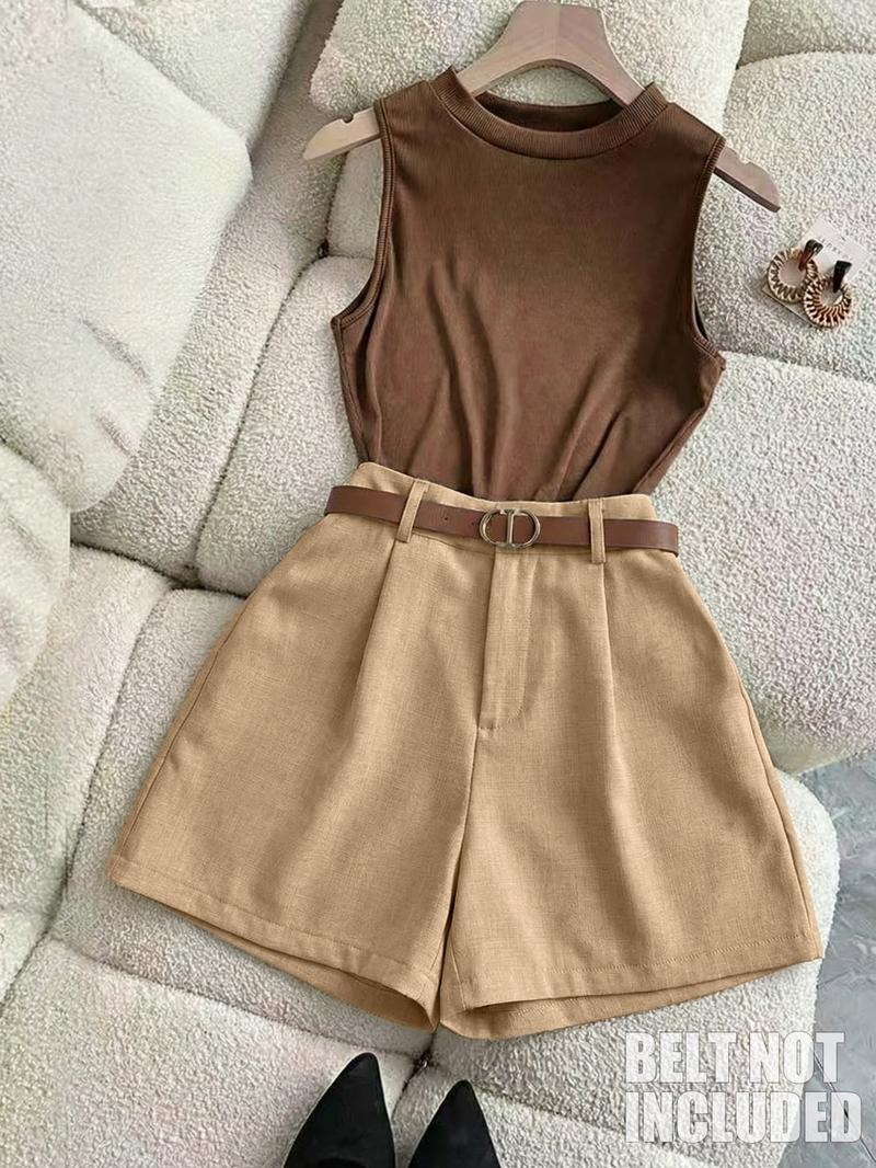 Women's 2-Piece Plain Casual Sleeveless Top and Straight Shorts Set, Slim Fit Summer for Stylish Comfort