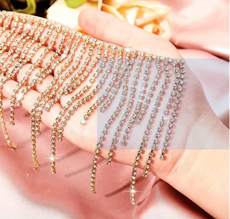 [Tassel Fringe Rhinestone Trim] 1 Yard Tassel Fringe Rhinestone Fringe Trim Rhinestone Ribbon Tassel Chain Diamond Crystal Tassel Fringe Trim