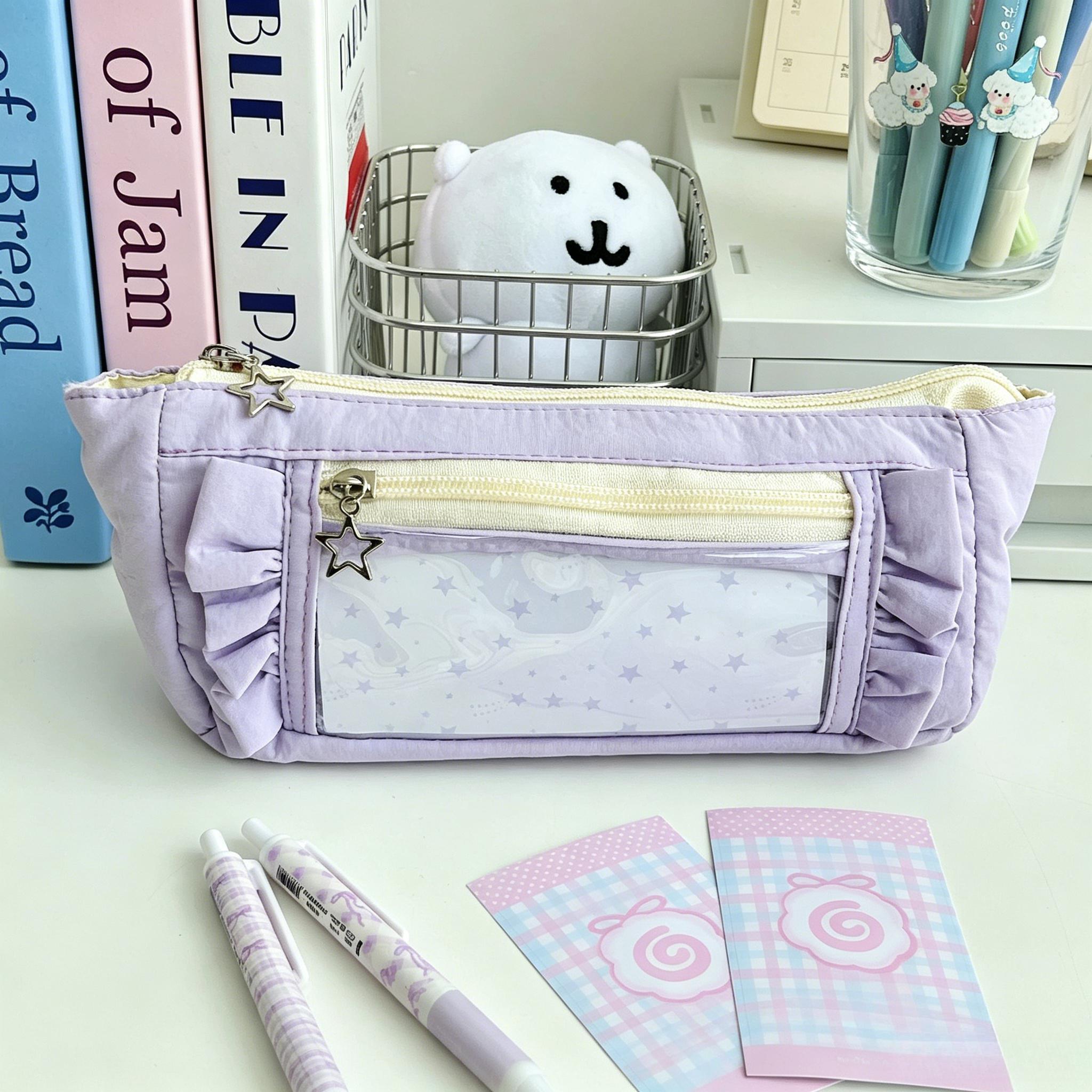 Back To School Kawaii Pastel Plaid Ruffle Pencil Case with Cute Star Charm, Aesthetic Double Zipper Stationery Pouch with Clear Window, Large Capacity Pen Organizer for School Supplies Desk Storage Daily Travel Essentials