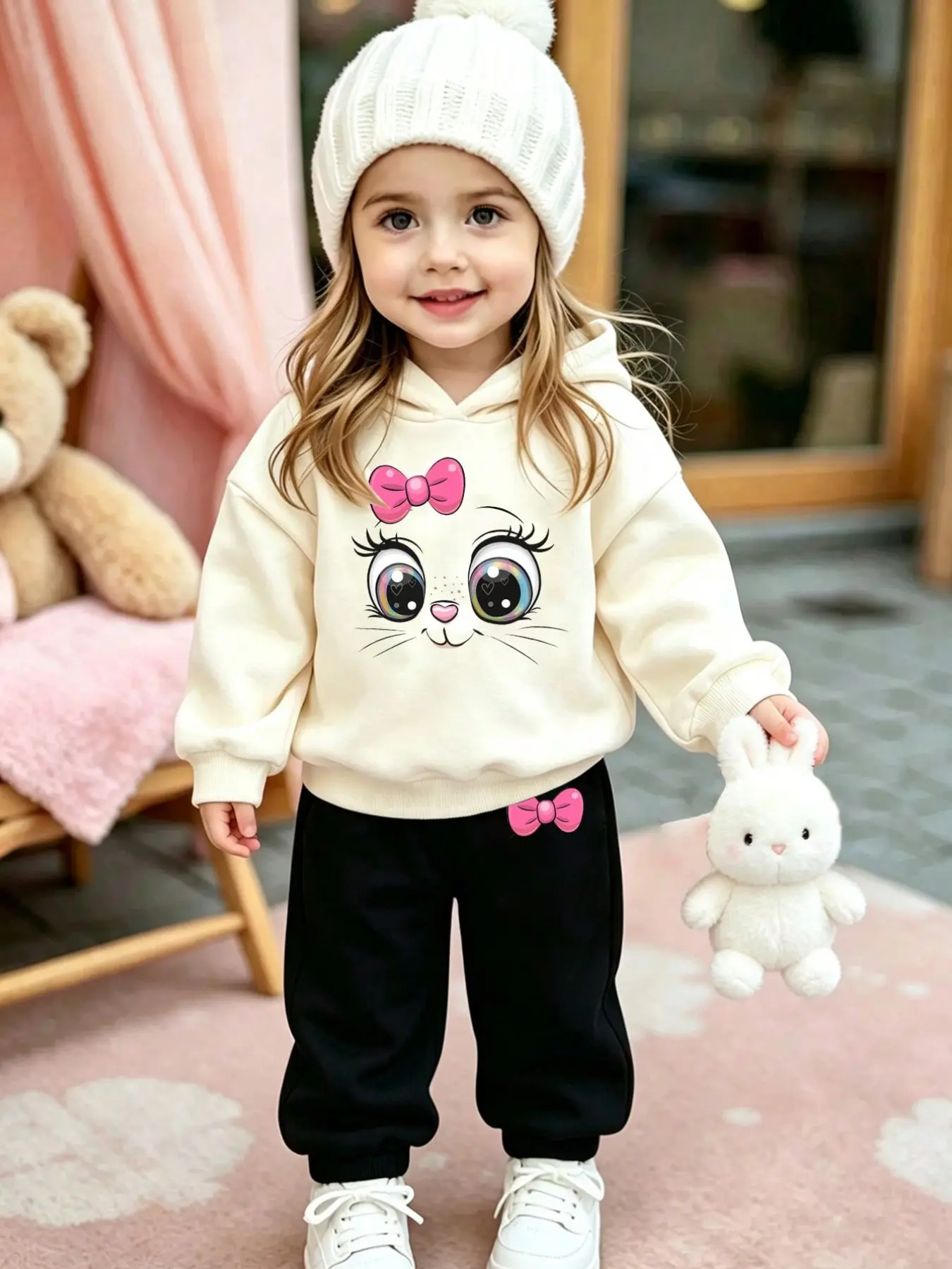 Girls' Cat Print Sweatshirt Set, Cute Cartoon Style, Bow Design, Loose-Fit Pants, Casual Home Wear
