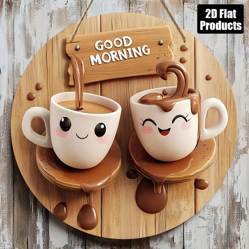 1PC 2D Flat, Vintage Tea Theme Wooden Wall Hanging, 8x 8inch - Fantasy Cup and Plate Design, with "Good Morning" Message, Perfect for Kitchen, Coffee Shop, Home, Living Room, and Office Decoration