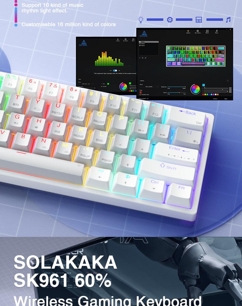 Solakka SK961 wireless mechanical keyboard, 60% keyboard, three-mode connection RGB backlight, programmable wireless gaming keyboard, gaming office, birthday gift FallFreshness