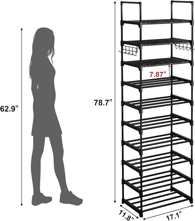 BULULUO 9 Tiers Shoe Rack Organizer, Black, 50-55 Pairs, Stackable Metal Shelf with Hooks for Entryway, Shoe Racks for Bedroom Closet BULULUO 9 Tiers Shoe Rack Organizer, Black, 50-55 Pairs, Stackable Metal Shelf with Hooks for Entryway, Shoe Racks for Bedroom Closet