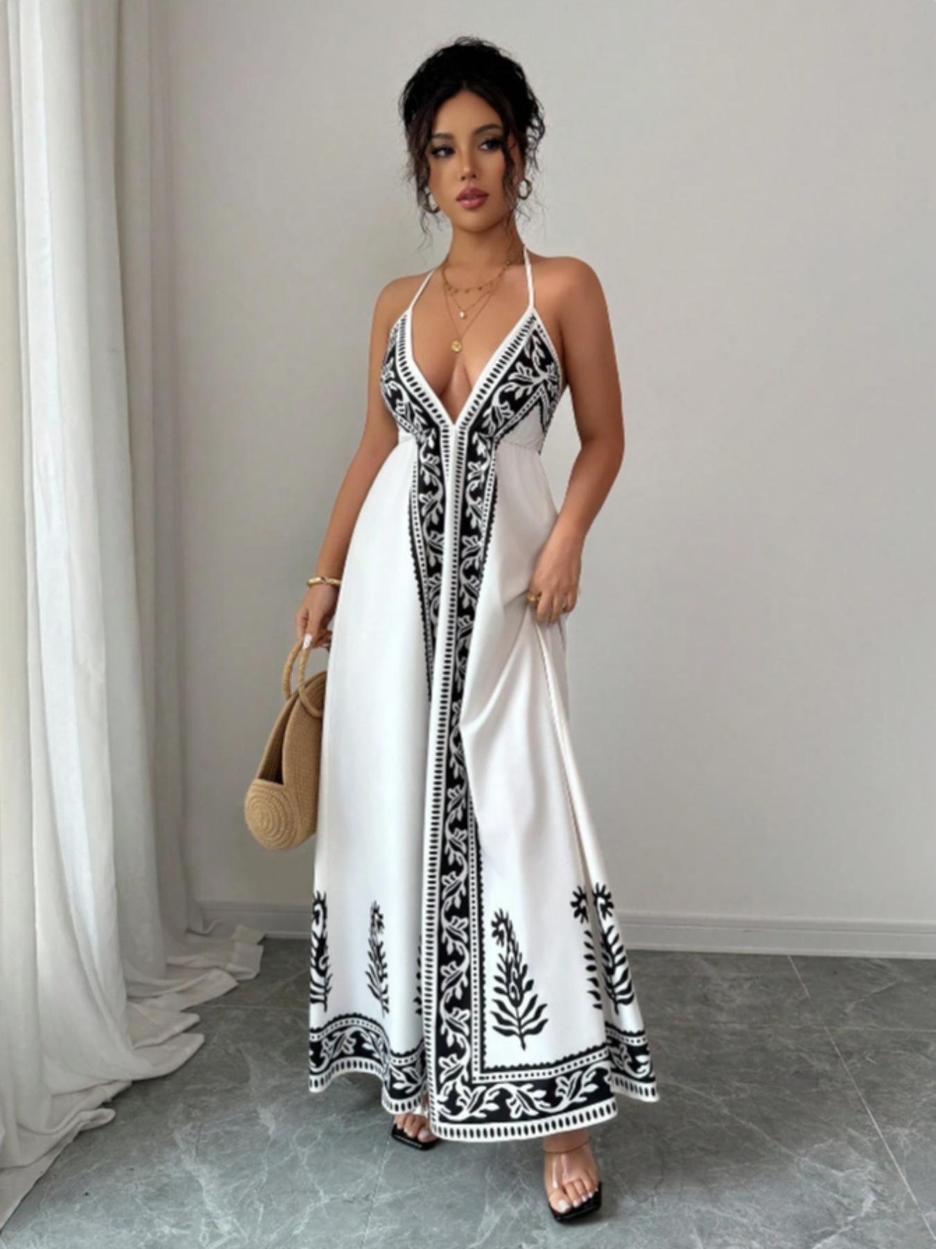 Women's Printed V Neck Dress, Casual Long Sleeve A-Line Dress, Elegant Floral Pattern, Perfect for Spring & Fall Fashion