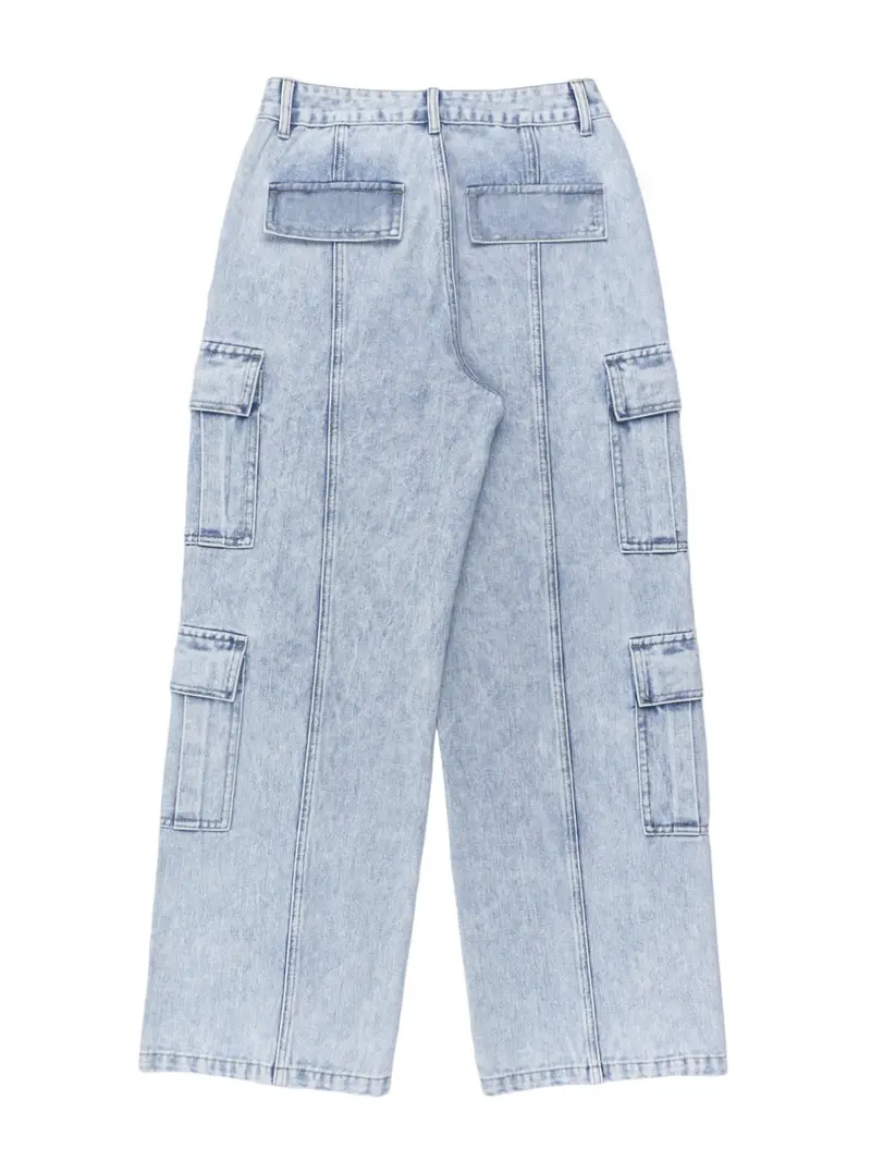 Women's Light Blue Wash High Waist Multi Flap Cargo Pockets Non-Stretch Rigid Denim Fabric Wide Leg Jeans, Baggy Utility Straight Fit Long Pants, Streetwear Casual Daily Commute Outfits for Women TChic