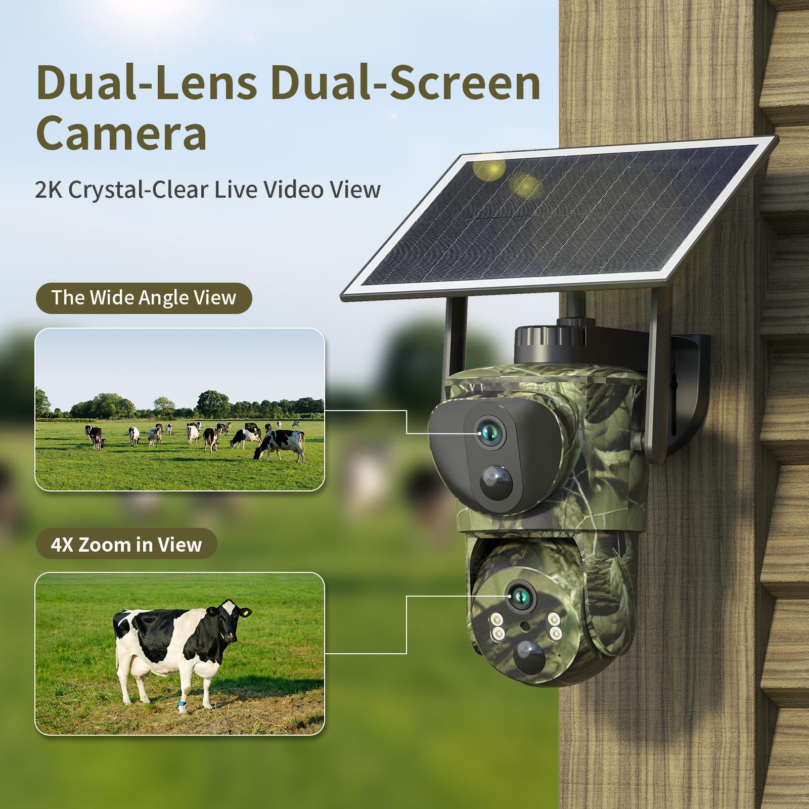 [Live Only] 2 Pack Dual Lens Linkage 4G LTE Cellular Trail Cameras-Solar Powered Surveillance, 360° Pan Tilt,2K Live View, No WiFi, Cellular Data Replenishment Required