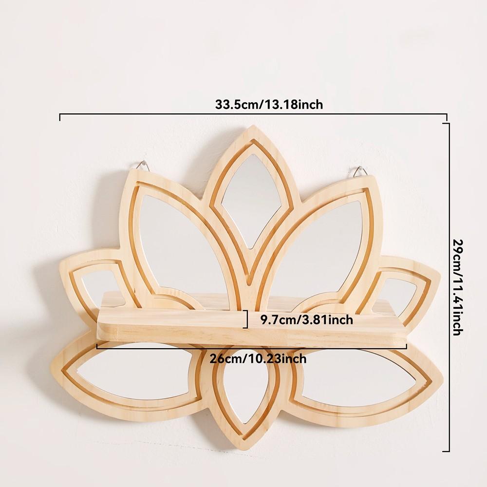 1pc Lotus Flower Wooden Wall Shelf with Mirror, 13.18" Boho Floating Shelf, Rustic Decor for Living Room, Bedroom, Bathroom, Yoga Room