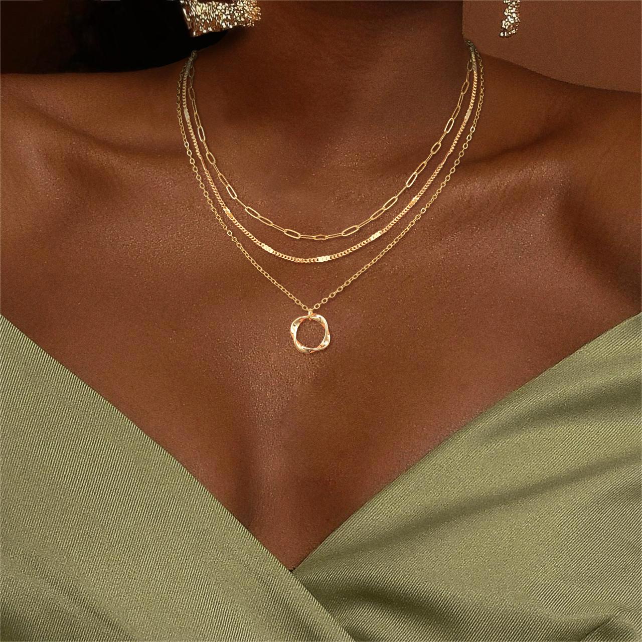CAROVO Layered Necklaces for Women, 14k Gold Plated/Sterling Silver Stackable Choker Necklaces for Women Trendy Layering Stacked Circle Pendant Chain Necklace Set Jewelry for Women