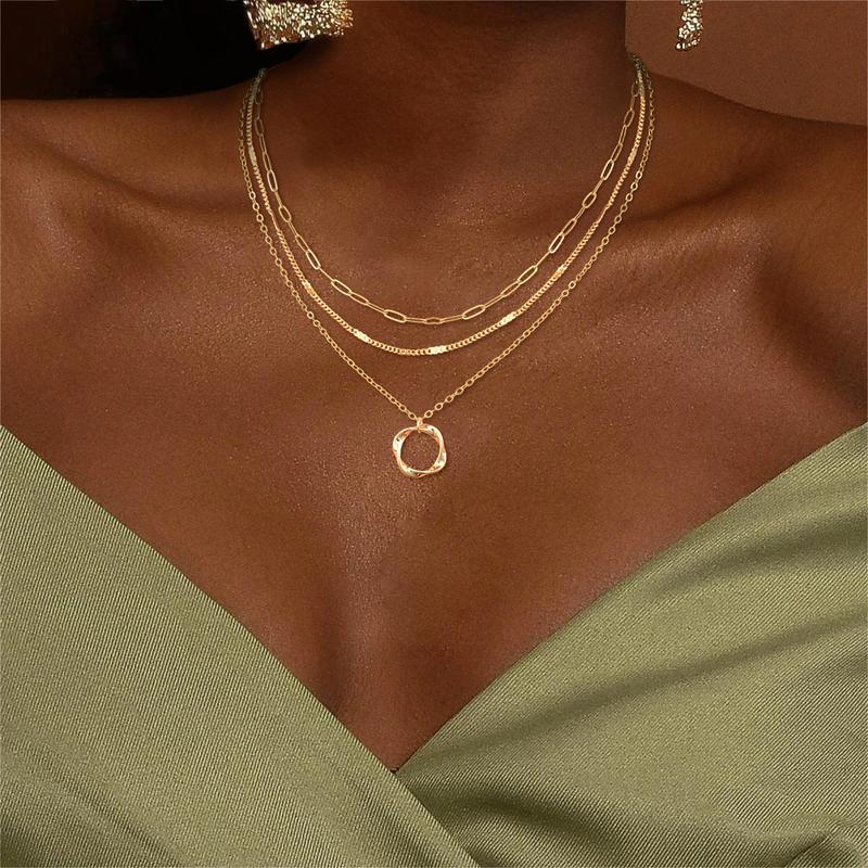 CAROVO Layered Necklaces for Women, 14k Gold Plated/Sterling Silver Stackable Choker Necklaces for Women Trendy Layering Stacked Circle Pendant Chain Necklace Set Jewelry for Women