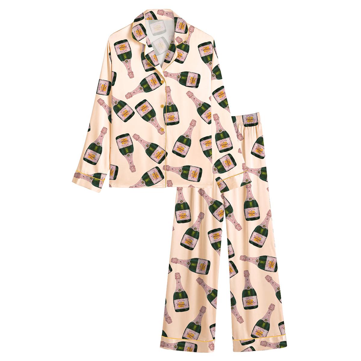 Champagne Bottles Pajama Set For Women Print Comfy Satin Sleepwear & Loungewear Pjs Printing Silky Top & Bottoms - SHESHOW