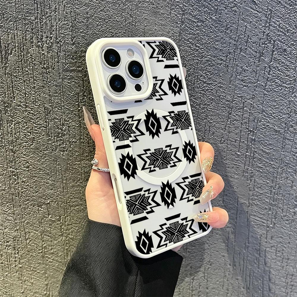 Southwestern Aztec Phone Case for iPhone 17 16 15 14 13 12 11 Pro Max, Black and White Tribal Pattern Protective Cover, Western Style Gift for Men Women