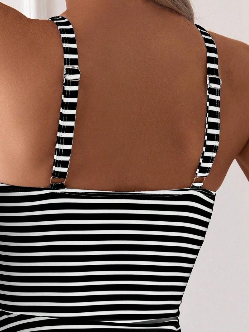 Women's V Neck Two-Piece Swimsuit Set, High Waist Swimwear with Ruched Top, Slimming Belly Control Bathing Suit