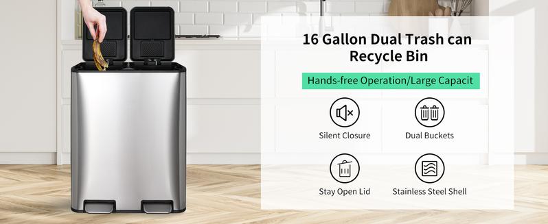 16 Gal Dual Kitchen Trash Can, Stainless Steel Garbage Bin, Recycle Waste Dustbin, w/2 Built-in Box for Odor Control, Soft-Close Lid,2 Buckets, Foot Pedal, Side Handle, for Home Office