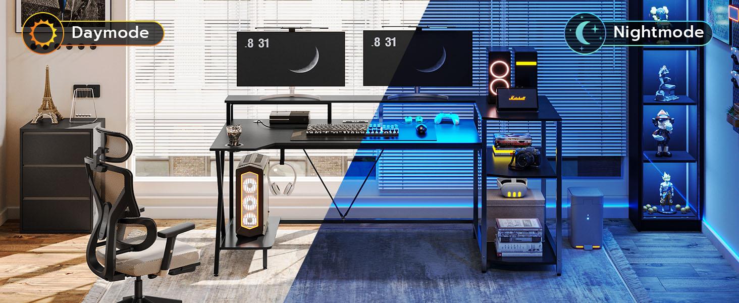 sedeta Gaming Table 70.8 in. with LED Lights and Storage Shelf Computer Table with Monitor Stand, Power Outlet and Cup Holder Ergonomic Table