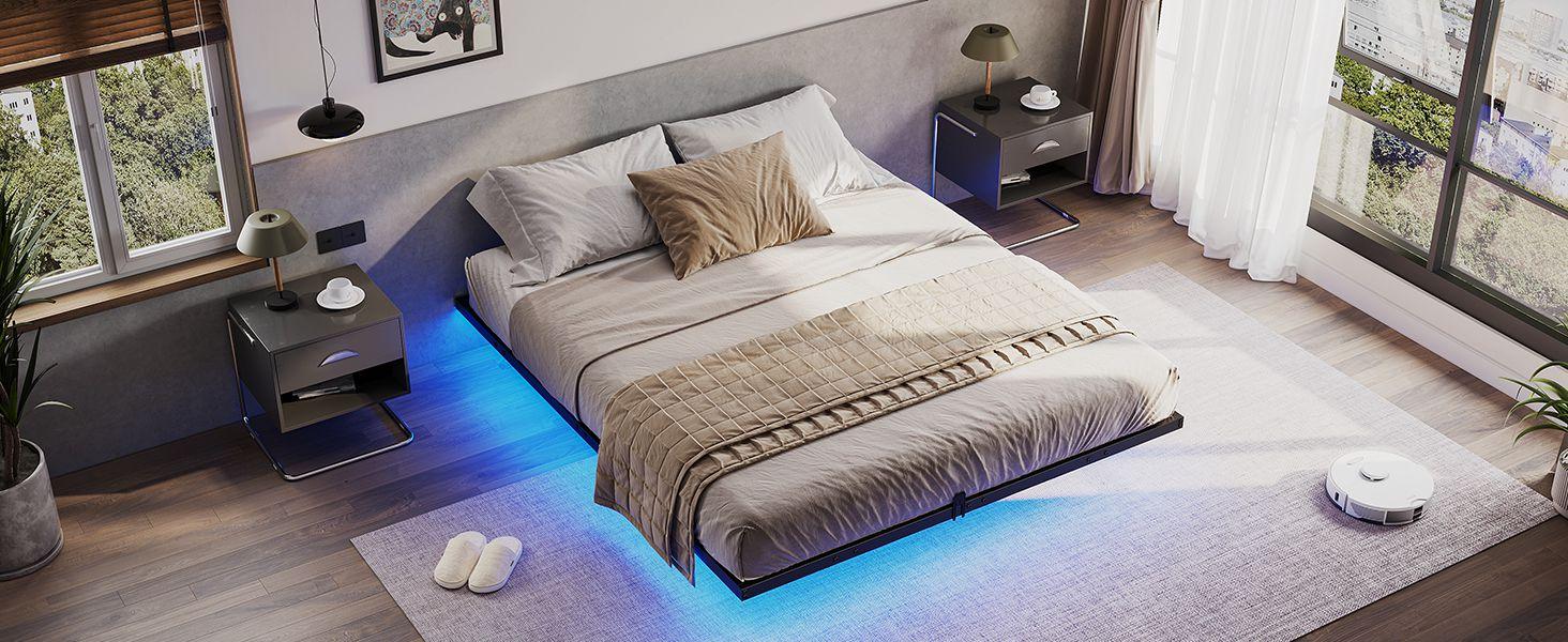 Hasuit Floating Metal Bed Frame with LED Lights Metal Platform Bed No Box Spring Needed Black Six Sizes