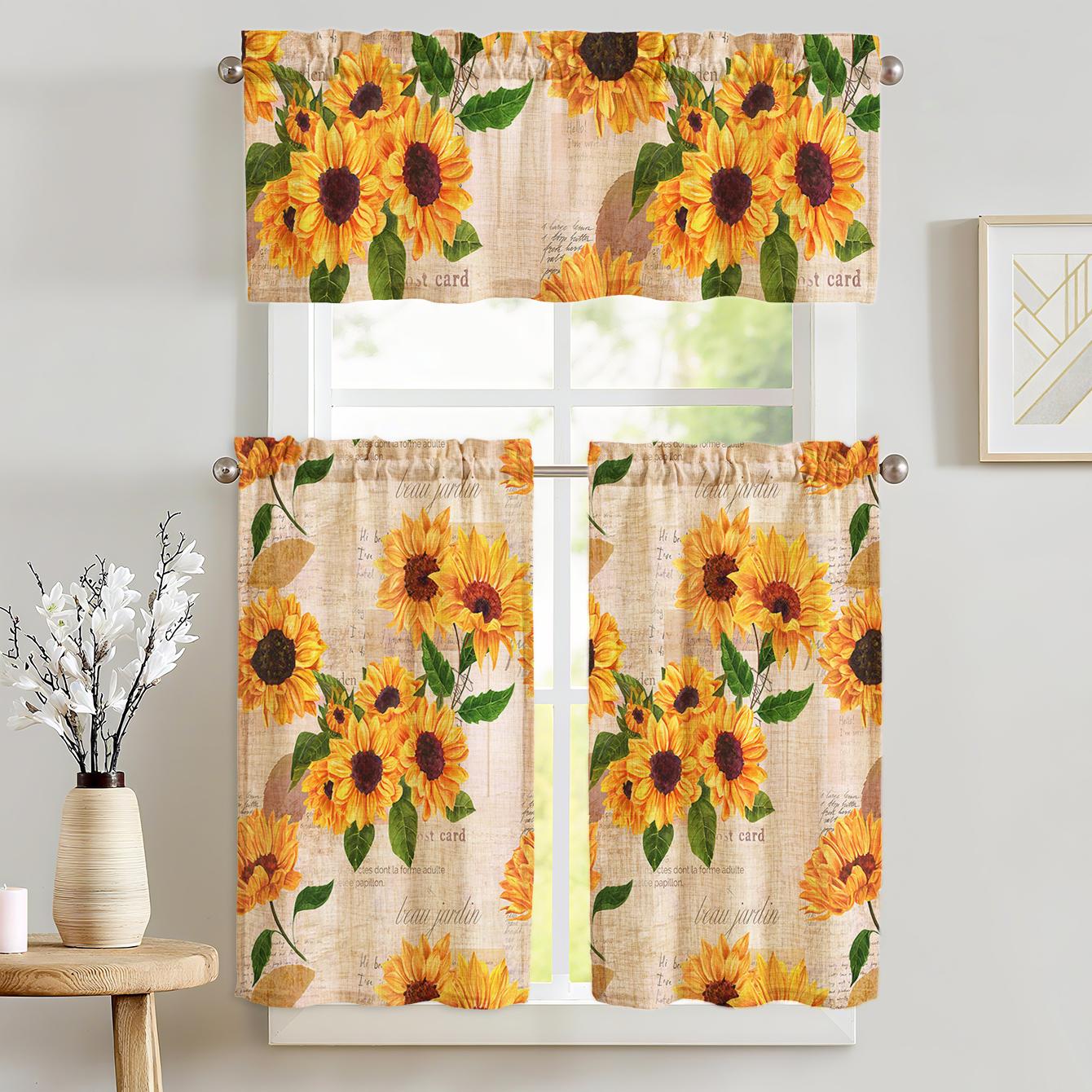 JIT 1PC/2PCS/3PCS linen printed curtains, fresh pastoral style with warm-toned sunflower patterns, semi-transparent rod-pocket type, 195G fabric texture, suitable for kitchens and bedrooms, making your home warmer and cozier, Window Curtain