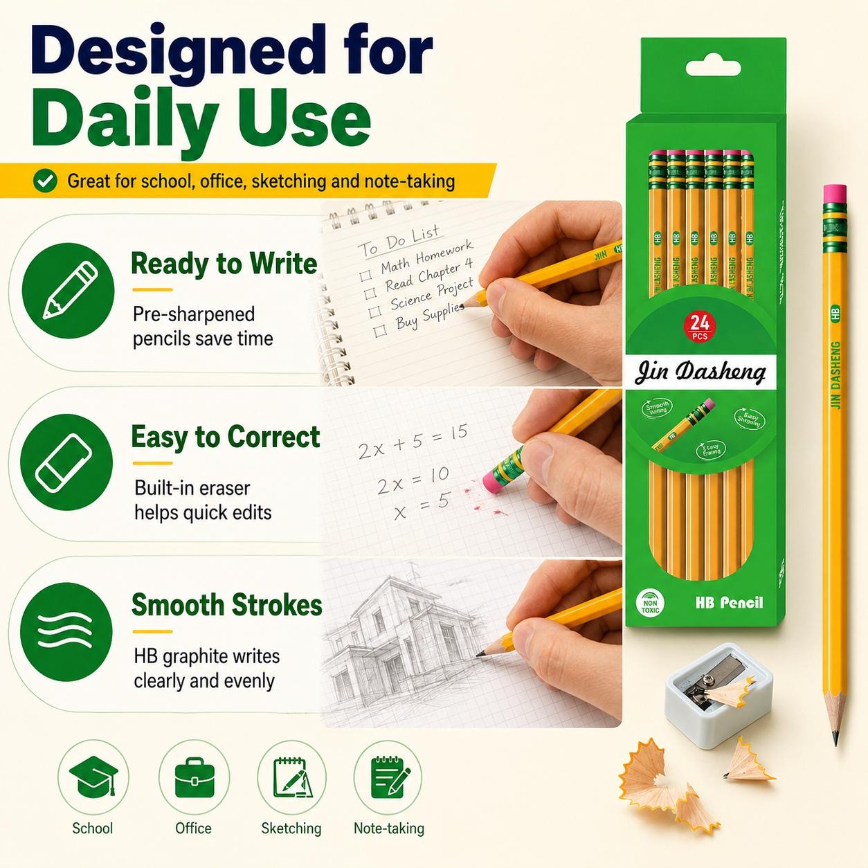 12/24PCS Pre-Sharpened HB Pencils Set, Yellow Hexagonal Wooden Writing Pencils with End Eraser, Smooth Graphite Lead, Easy Sharpening and Comfortable Grip for Students, School Supplies, Drawing, Sketching, Notes, Exams and Office Use