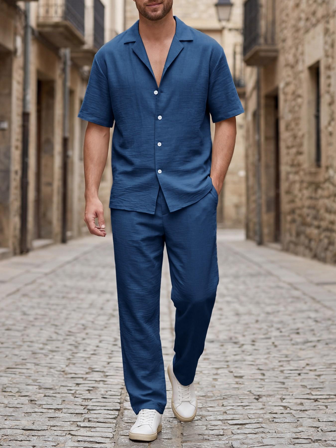 Two-Piece Set Men's Solid Color Button Shirt & Drawstring Waist Pants, Loose Stylish Casual Outdoor Short Sleeve Top & Trousers, Summer Outfits for Men