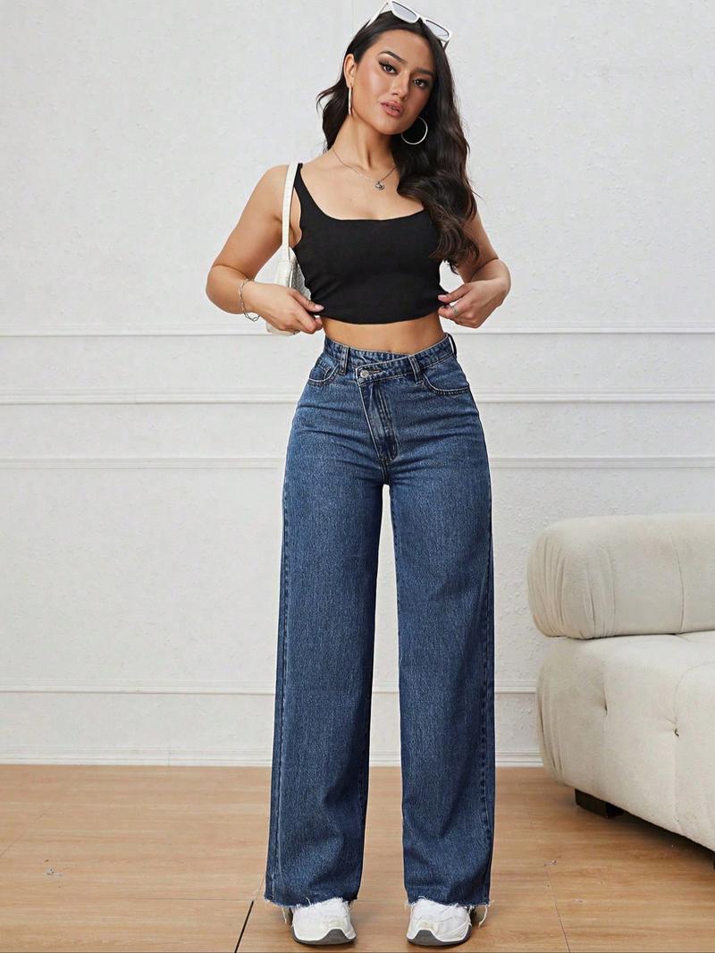 Women's Vintage Denim Jeans, Diagonal Button Design, Ultra-Long Straight Wide Leg, Casual Style, All Seasons Daily Wear Women's Vintage Denim Jeans, Diagonal Button Design, Ultra-Long Straight Wide Leg, Casual Style, All Seasons Daily Wear