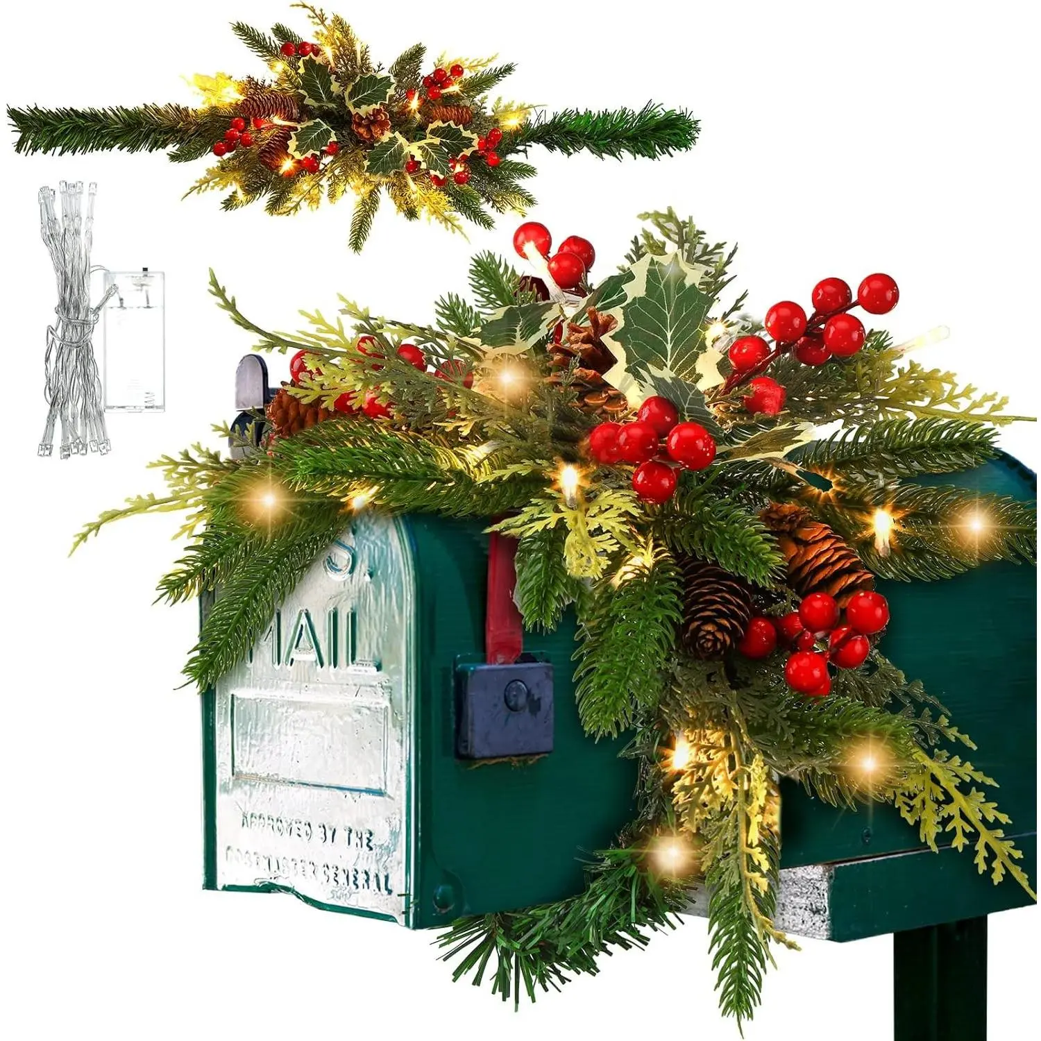 71 Inch/5.92 ft Christmas Mailbox Swag with Light, Wintry Berries Lighted Christmas Mailbox Garland Wreath, Artificial Pine Rattan Pine Cone Red Berries Greenery Xmas Outdoor Porch Decoration