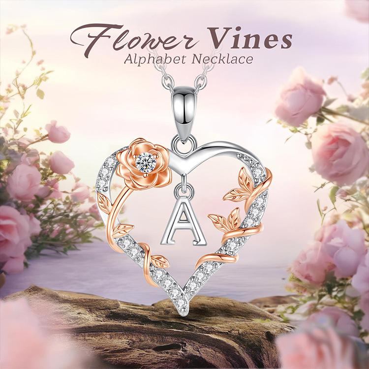 Personalized Letter Heart Necklace, Custom Initial Pendant Charms, Perfect Valentine’s Day Gift for Girlfriends, Moms, RoseGold Flower Jewelry