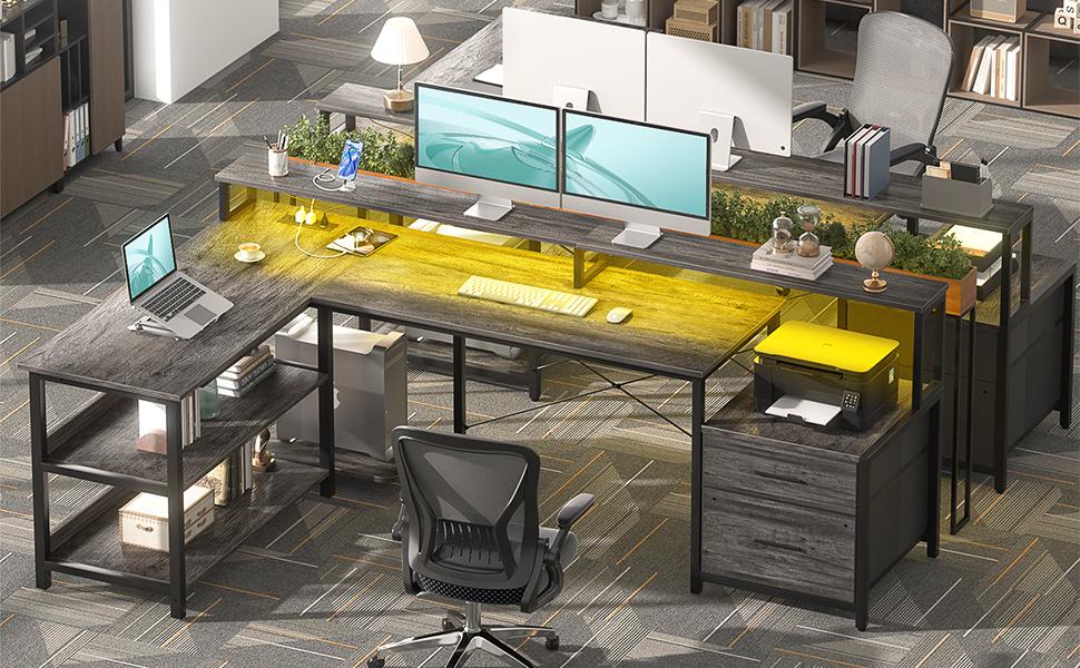 73" Reversible L Shaped Computer Desk with Power Outlet & LED Strip,Gaming Desk with Monitor Stand,Office Desk with File Drawer and Storage Shelves