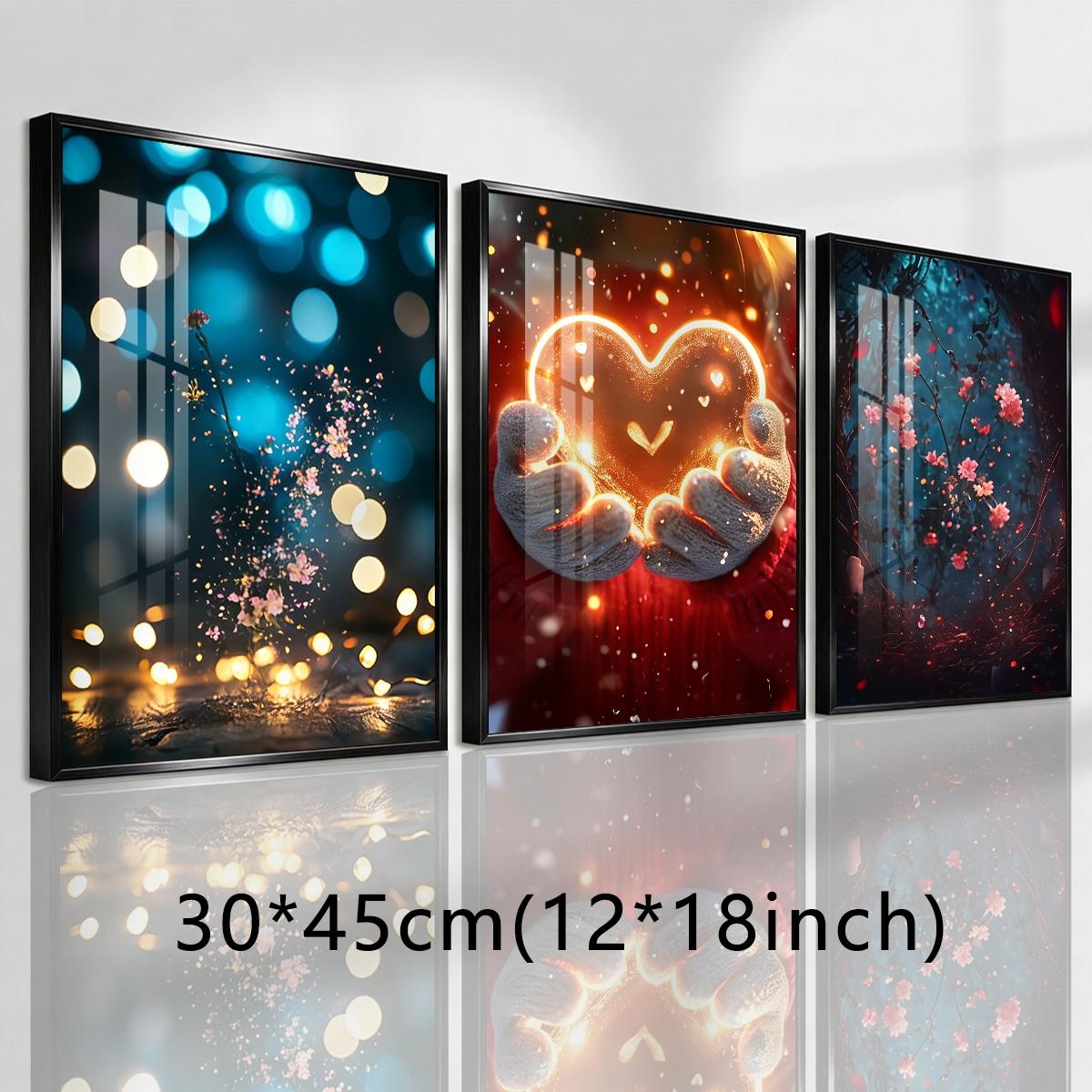 3 Counts Aluminum Alloy Framed Painting, Glowing Heart And Blooming Flowers Pictures, Home Decoration For Living Room, Bedroom, Office, Restaurant, Hallway Wall Decor, Odorless Print Artwork, Luxury Perfect Gift For Friends And Family