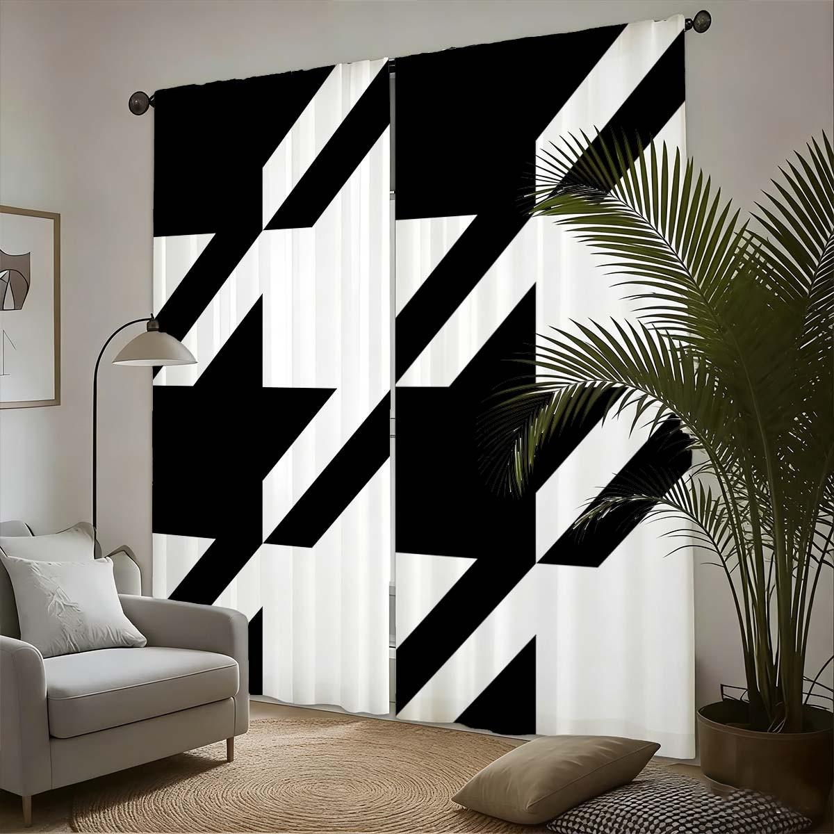 2pcs Creative Geometric Checkered Print Curtains, Light Blocking Drapes, Polyester Fiber, Kitchen Bedroom Office Living Room Decor