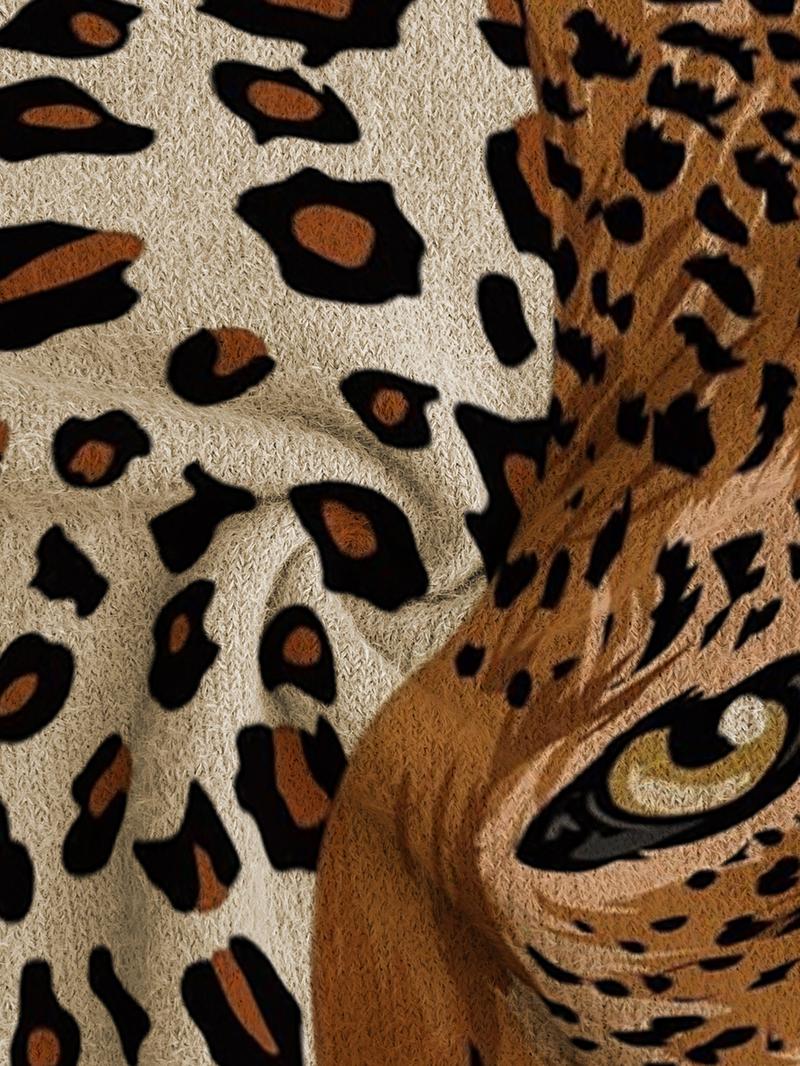 Women's Leopard Print Stand Collar Sweater, Fall Winter Casual Long Sleeve Knitwear, Comfortable Warm Daily Wear, Elegant Zebra Stripe Design