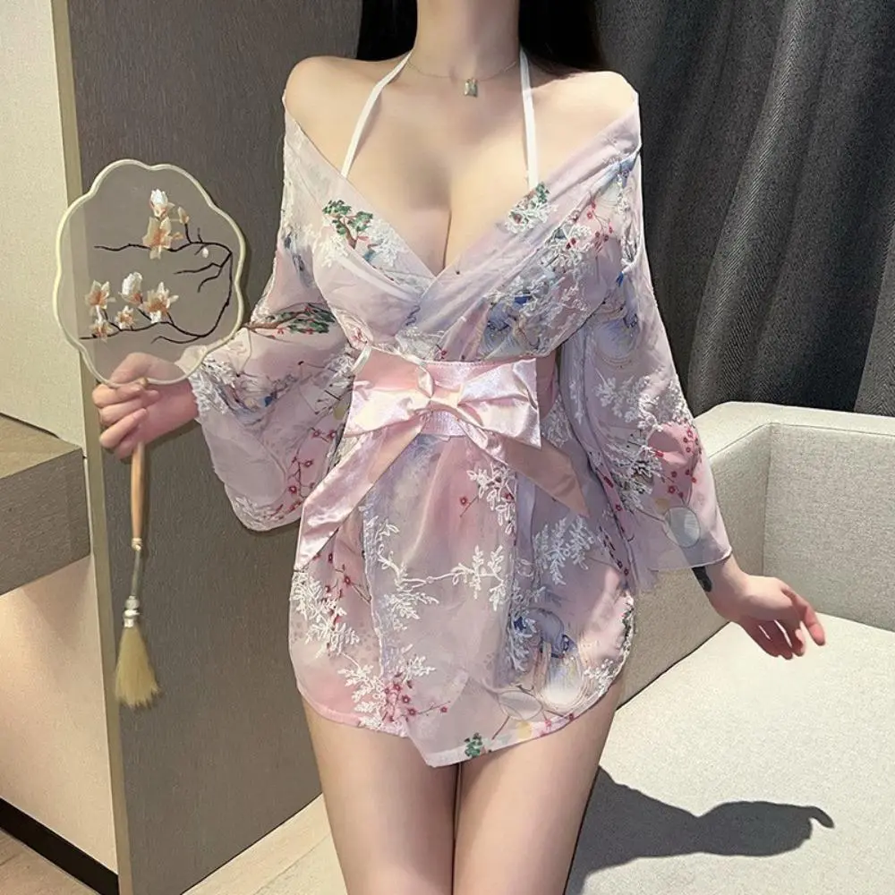 Women's Breathable Comfortable Elegant Pink Cherry Blossom Print Kimono-Style Robe, Off-Shoulder Wide-Sleeve Short Nightwear with Bow Waist Belt, Lady's Honeymoon Loungewear