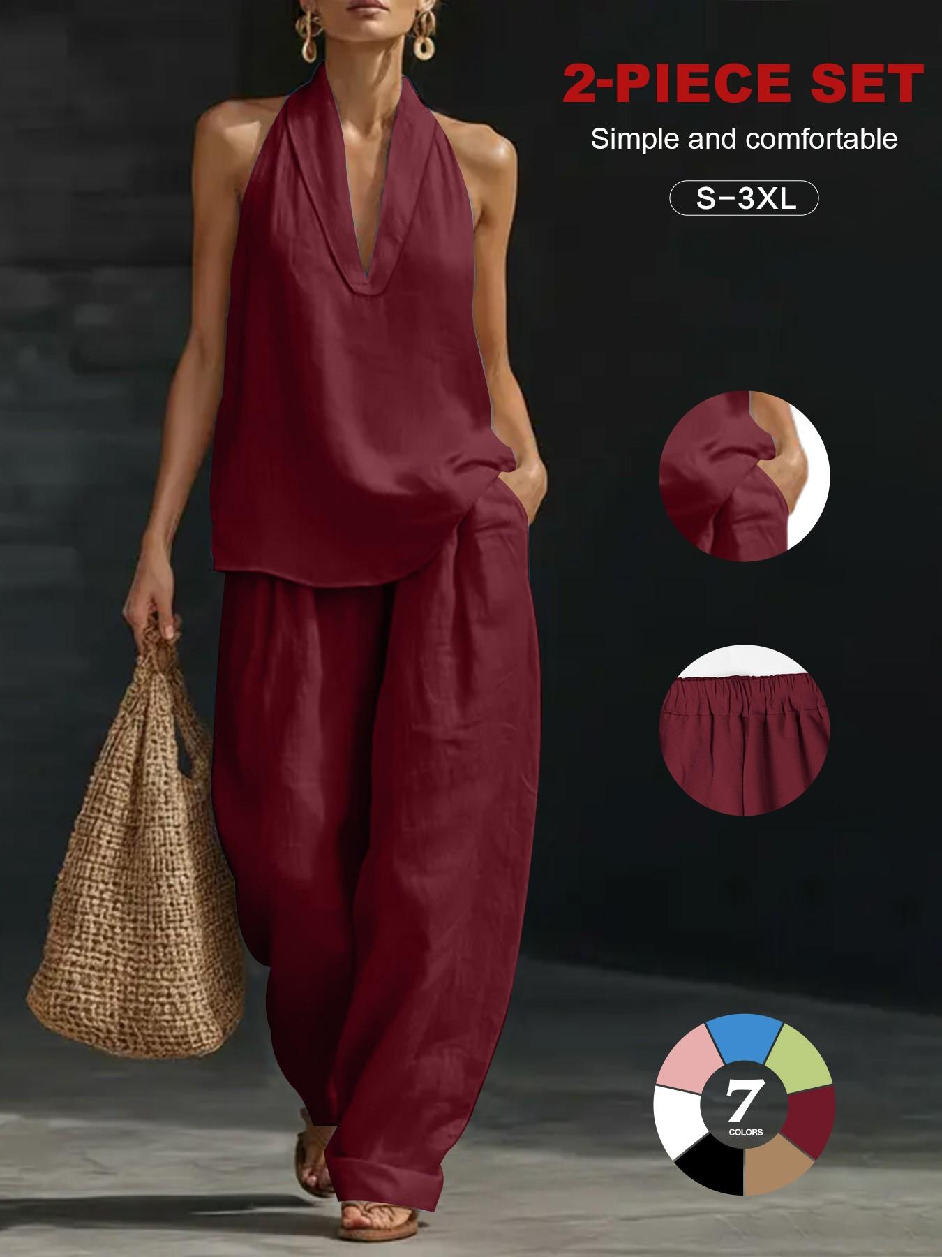Women's Faux Linen V Neck Sleeveless Halter Top and Wide Leg Pants Set, 2 Piece Loose Fit Lounge Set, Casual All Seasons