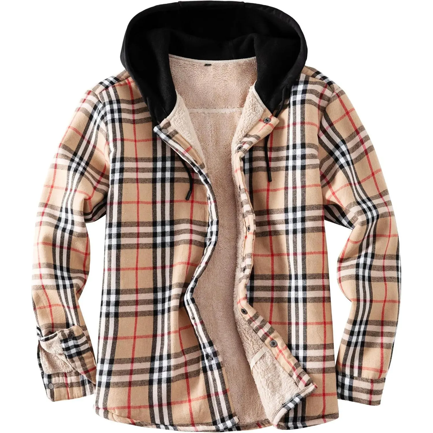 Men's Cotton Plaid Long Sleeve Shirts Jacket Fleece Lined Flannel Shirts Sherpa Button Down Coat with Hood