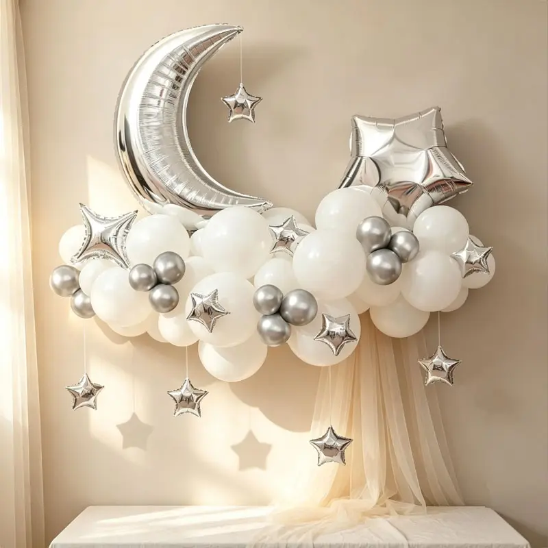 A set of Star Moon Theme Balloon Garland Set, including Crescent, Star Aluminum Foil,white latex balloons. Available in 3 colors (Gold / Silver / Rose Gold)，Perfect for baby showers, gender reveal parties, Ramadan Eid al-Fitr, starry sky themed birthdays