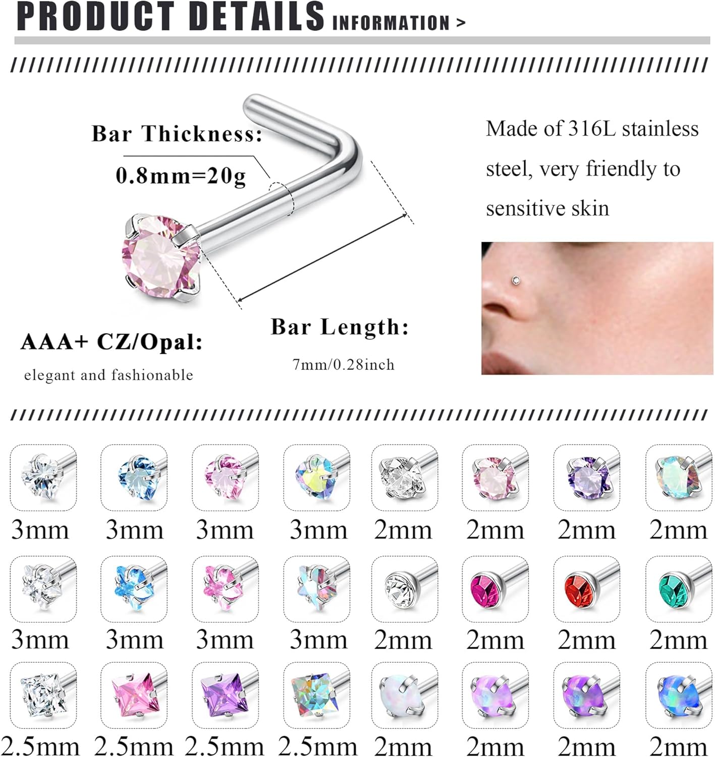 24Pcs 20G Silver Nose Studs Surgical Steel Nose Piercing Jewellery Hypoallergenic Colorful CZ Opal Small Nose Stud Stuf I Shaped/L Shaped Nose Stud Screw Nose Piercing Stud for Women Girls