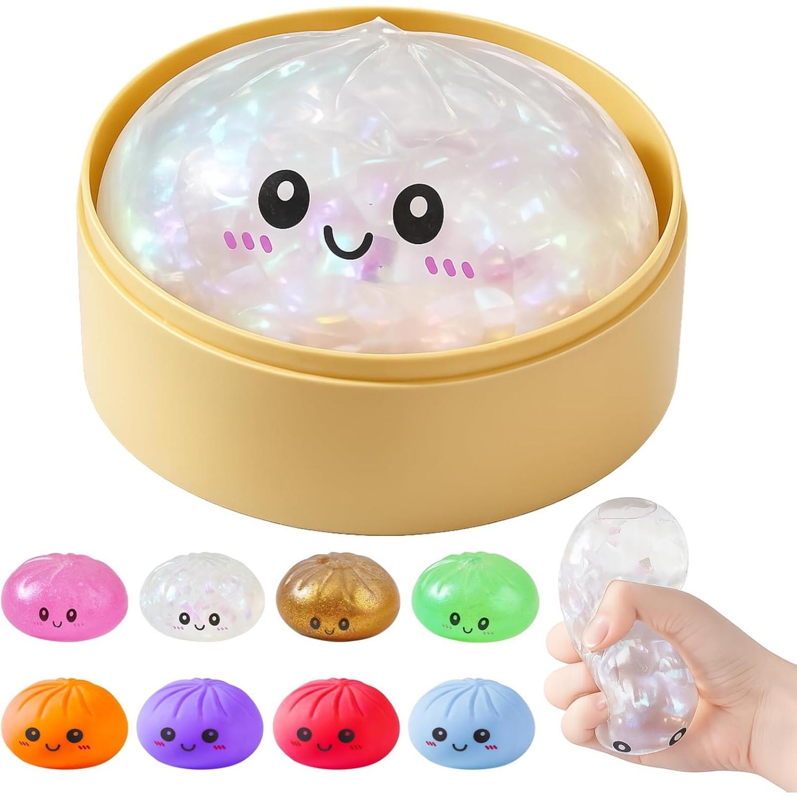 Dumpling Squishies, Glitter Dumpling Mystery Box, Colorful Dumplings Stress Balls Fidget Sensory Toy, Stocking Stuffers with Food Steamer Stretchy Desk Toys (Blue)