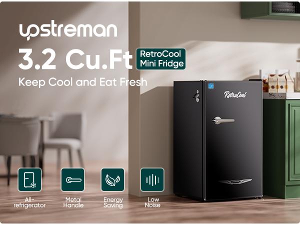 Upstreman retro mini fridges BR321 PRO 3.2 Cu.Ft with Bottle Opener Energy Saving Adjustable Thermostat Metal Handle LED Lamp Small Refrigerator for Bedroom Office Dorm Mini Fridge Freezer Mini Refrigerator pantry drink fridge skincare fridge