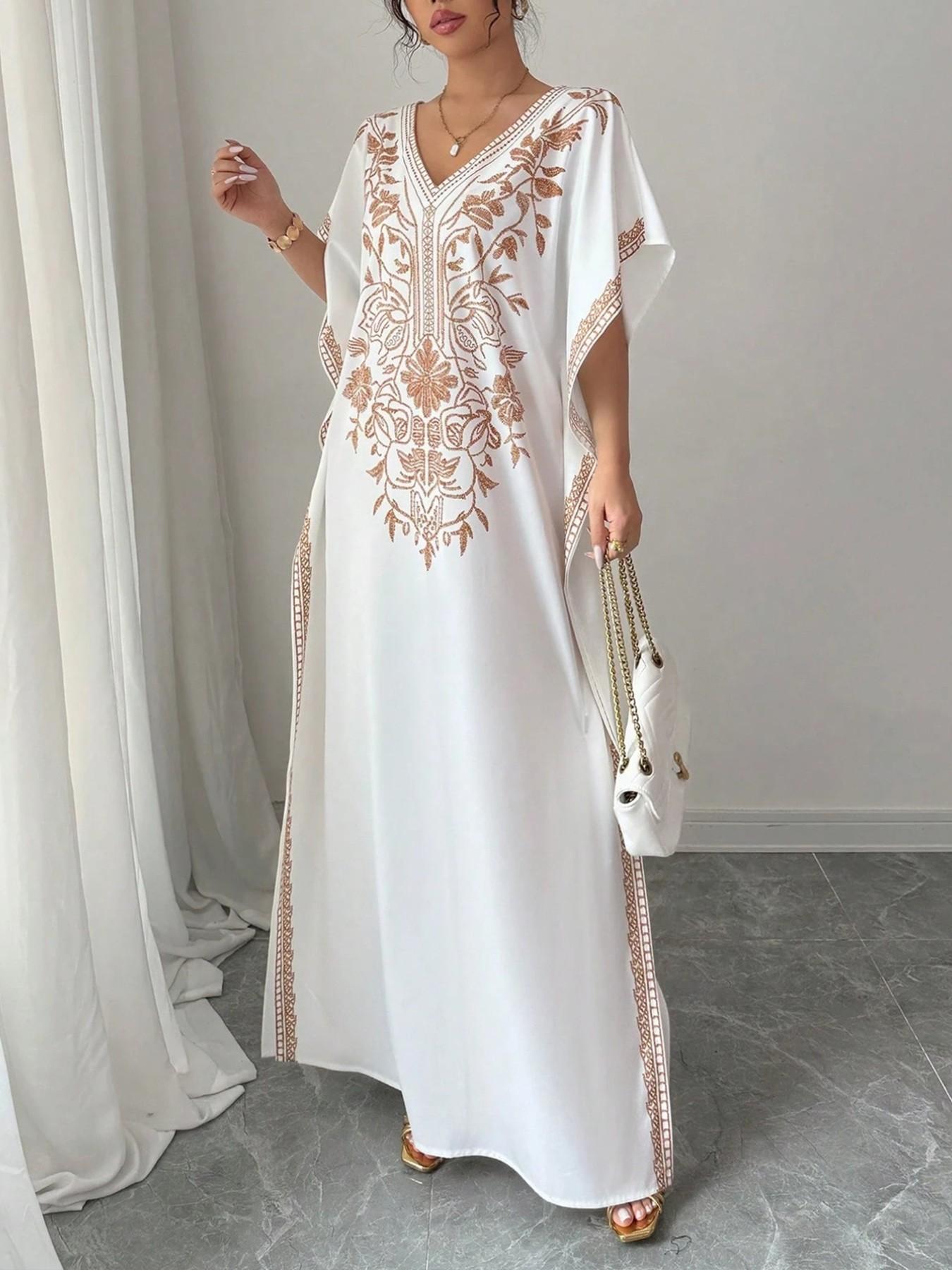 Women's Summer V-Neck Plant Floral Print Dress, Boho Style Three Quarter Sleeves, Long Loose-Fit Beach Sundress Vacation Dress, Casual Daily Wear Womenswear Fashion, Boho Printed Dress