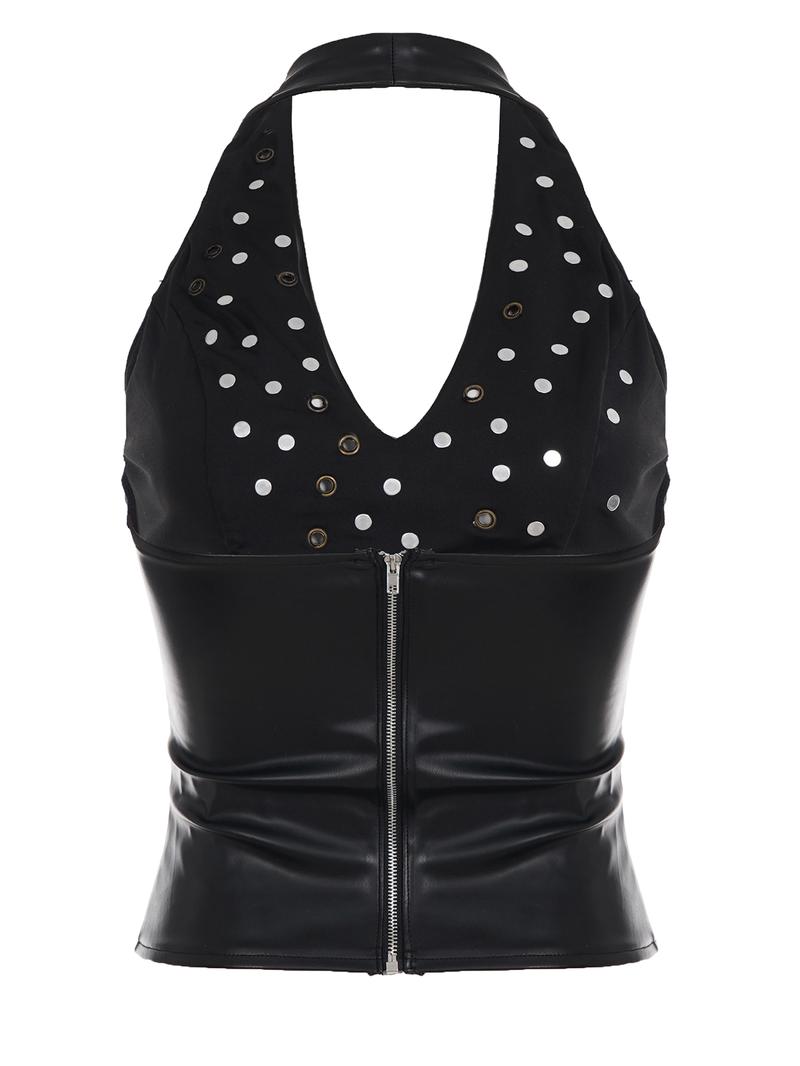 Vintage Street Style Antique Studded Copper Grommet Eyelet Backless PU Leather Halter Top for Women, Sleeveless Slim Fit Short Vest